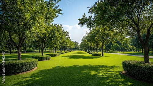 Fototapeta Naklejka Na Ścianę i Meble -  Large public park with walking trails, shaded trees, and manicured bushes on a white background