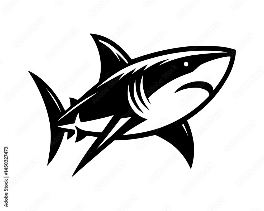 Fototapeta premium Black and white vector illustration of a shark, isolated on a white background.