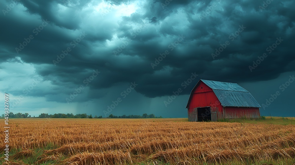 Stormy clouds loom over a rural farmland with a weathered barn Stormy clouds loom over a rural farmland with a weathered barn