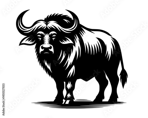 Black and white buffalo vector illustration isolated on a white background.