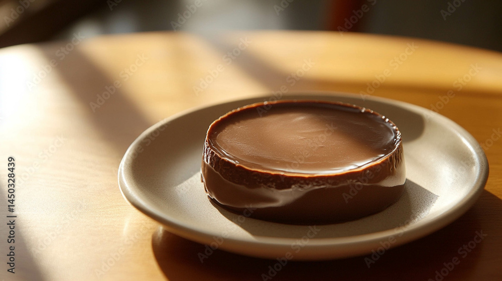 Delicious homemade chocolate pudding on a beige plate close-up and sunlight reflection
