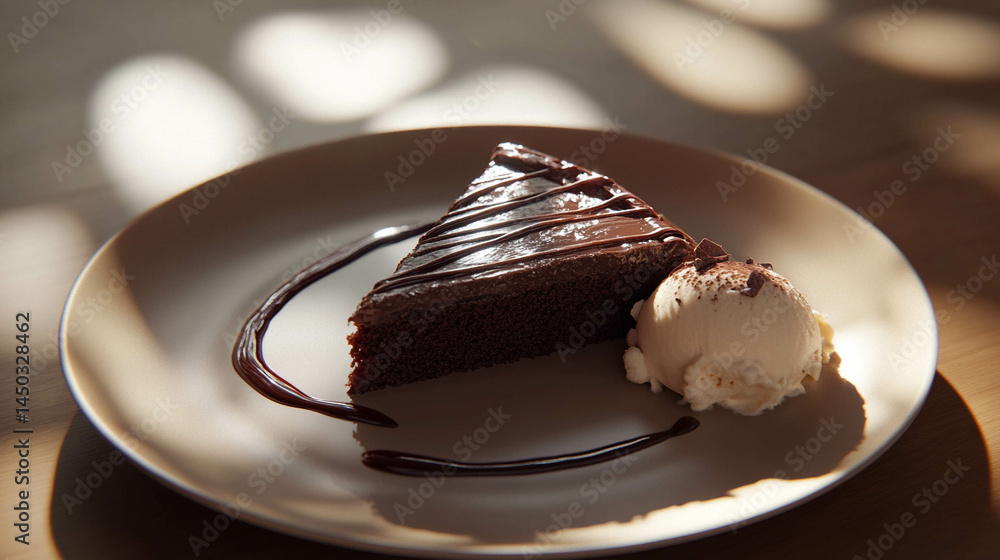 A slice of chocolate cake with chocolate sauce and vanilla ice cream on a light beige plate and sunlight reflection