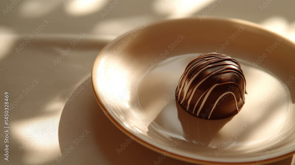 Chocolate dessert on a light beige plate and sunlight reflection