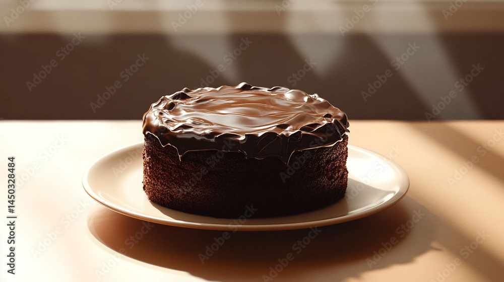 Chocolate cake with chocolate sauce on a light beige plate and sunlight reflection