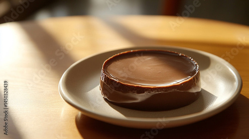 Obraz na płótnie Delicious homemade chocolate pudding on a beige plate close-up and sunlight reflection w salonie