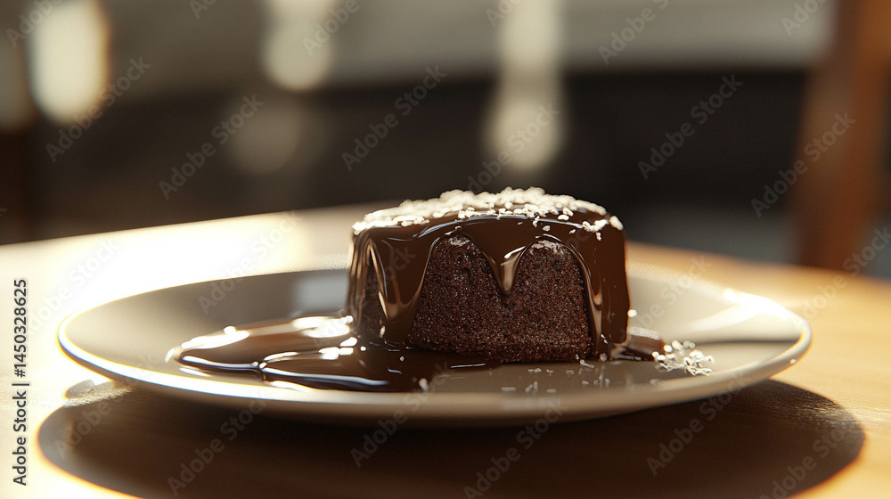 A slice of chocolate cake with chocolate sauce on a light beige plate and sunlight reflection