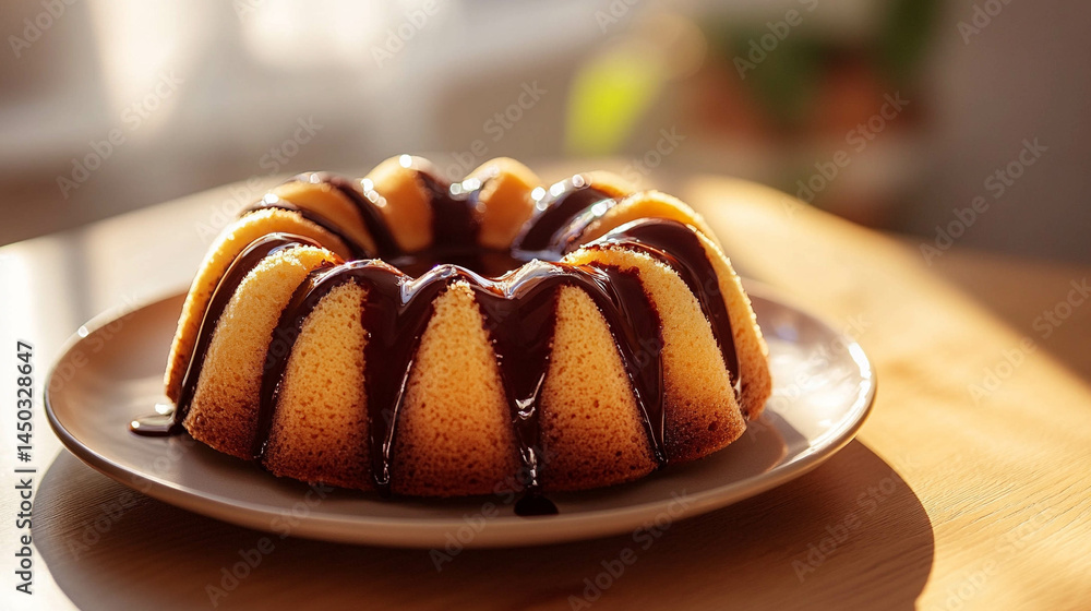 A homemade cake with chocolate sauce on a light beige plate and sunlight reflection