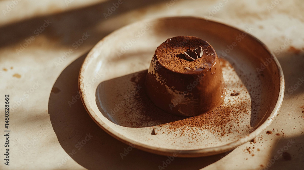 Delicious homemade chocolate pudding on a beige plate close-up and sunlight reflection