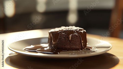 A slice of chocolate cake with chocolate sauce on a light beige plate and sunlight reflection