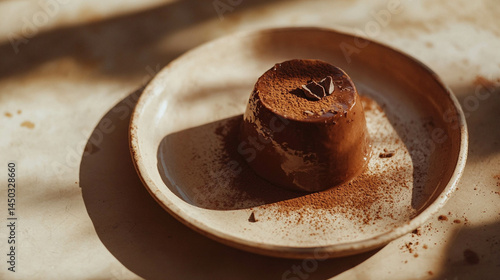 Obraz na płótnie Delicious homemade chocolate pudding on a beige plate close-up and sunlight reflection w salonie