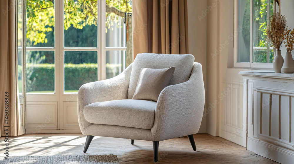 A comfortable armchair in front of a bright window with a greenery view