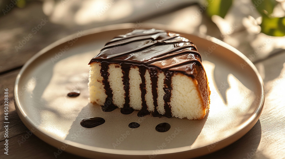 Vanilla cake with chocolate sauce on a light beige plate and sunlight reflection