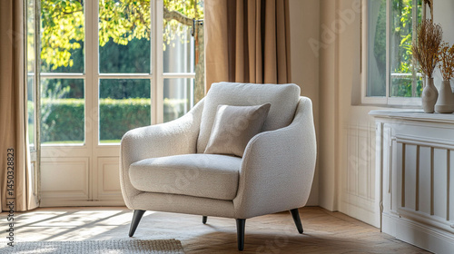 Obraz na płótnie A comfortable armchair in front of a bright window with a greenery view w salonie