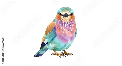 Watercolor illustration of a lilac breasted roller bird on a white background