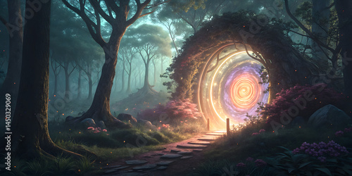 Fototapeta Naklejka Na Ścianę i Meble -  Dreamlike portal adventure enchanted forest digital art mystical environment whimsical viewpoint