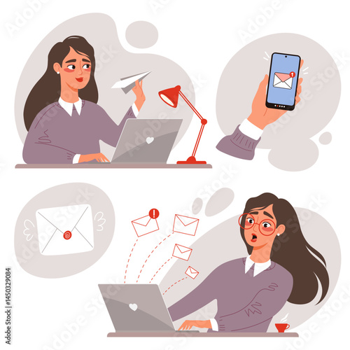 Business correspondence and mailing concept. Woman sending messages and receives customer feedback. Flat vector illustration