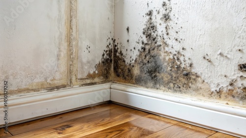 Damp wall with black mold growing in a corner , rot, mold
