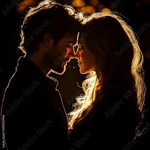 Romantic couple shares a tender moment, their faces close together as they enjoy the warm glow of the setting sun, enveloped in a haze of smoke