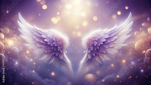 A pair of majestic, glowing angel wings resting against a swirling