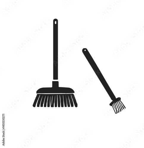 Cleaning tools silhouette, broom and dustpan on white background  