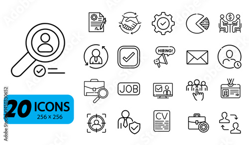 Set of 20 Recruitment and Job Search Icons, Outline Style, 256x256 Pixels