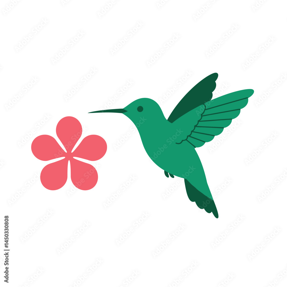 2D flat vector illustration A hummingbird hovering near a flower icon isolated on a white background 2D flat vector illustration A hummingbird hovering near a flower icon isolated on a white background