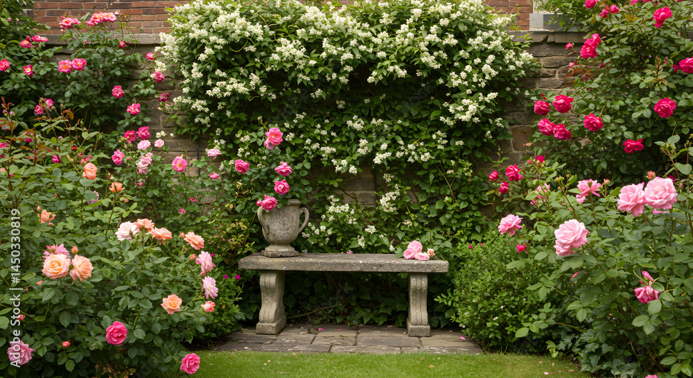 Obraz premium Enchanting Rose Garden Sanctuary with Stone Bench and Brick Wall Background