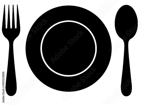 Kitchen Items - Fork, Plate, and Spoon in Black Silhouette  