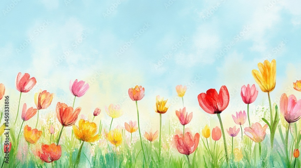 Fototapeta premium Vibrant flower field illustration in pastel colors.