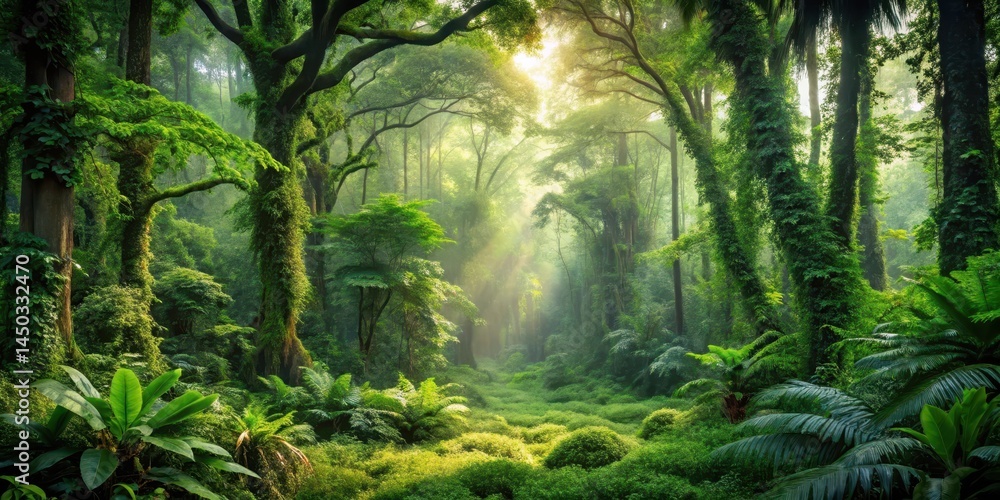 Obraz premium Forest Landscape with Dense Woods and Lush Greenery, woodland, overgrown vegetation, woodland