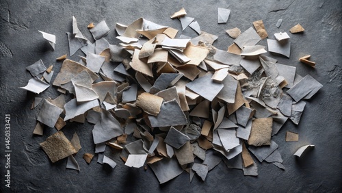 Fragmented paper fragments scattered on a dark background