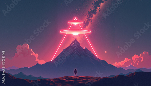 Cosmic UFO Encounter Above Mountain Landscape  