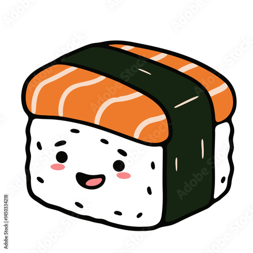 A cute cartoon sushi roll with salmon and nori seaweed smiling with rosy cheeks on white background