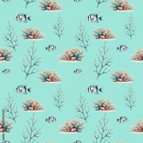 Seamless watercolor pattern featuring seahorses, tropical fish, starfish, coral, and shells. Hand-painted in soft pastel tones. Ideal for textiles, wallpapers, and beach-themed designs. photo