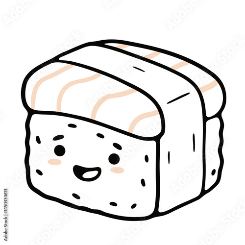 a cartoon style illustration of a cute, smiling sushi roll with black outlines, simple shading, and a cheerful expression
