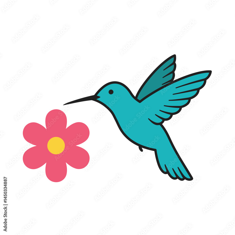 2D flat vector illustration A hummingbird hovering near a flower icon isolated on a white background 2D flat vector illustration A hummingbird hovering near a flower icon isolated on a white background