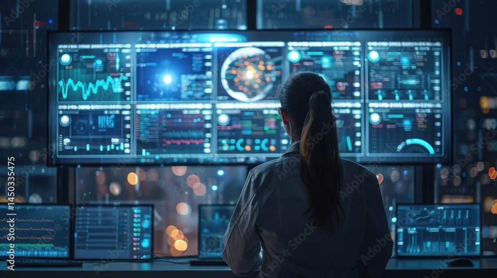 Woman monitors complex data systems Woman monitors complex data systems