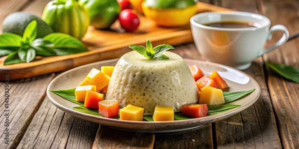 Steamed sago pudding with a side of sweet coconut sauce and fresh tropical fruits , coconut, cuisine, coconut, cuisine Steamed sago pudding with a side of sweet coconut sauce and fresh tropical fruits , coconut, cuisine, coconut, cuisine