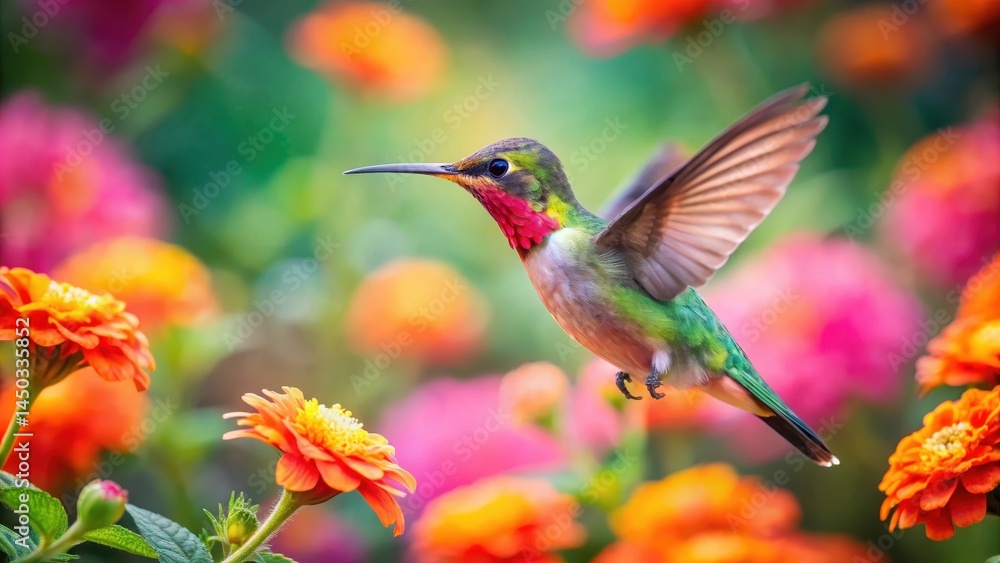 Fototapeta premium Vibrant colorful hummingbird hovering near a cluster of bright orange and pink flowers with delicate petals and lush green foliage in a sunny garden , birds, nature