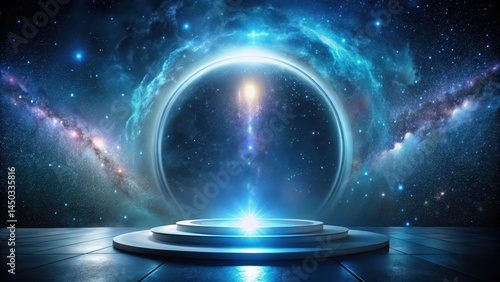 Fototapeta Naklejka Na Ścianę i Meble -  Ethereal glow emanates from a shimmering portal on an otherworldly platform amidst starry darkness, interstellar journey, space station
