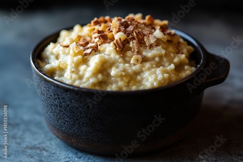 Creamy oatmeal topped with crunchy nuts in a rustic bowl against a dark background