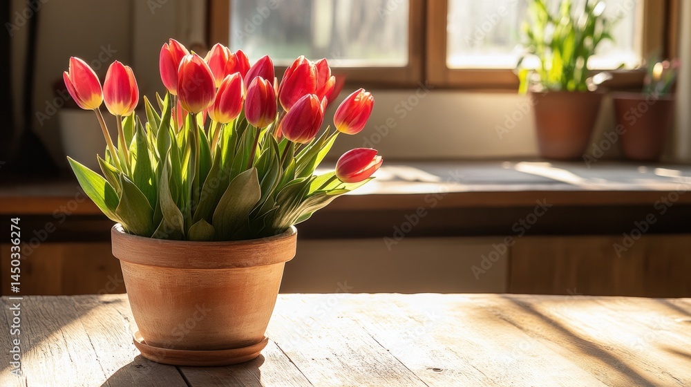 Fototapeta premium Rustic terracotta pot with vibrant tulips in morning light.