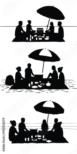 Silhouette of People Enjoying Picnic Under Sun Umbrella Outdoors