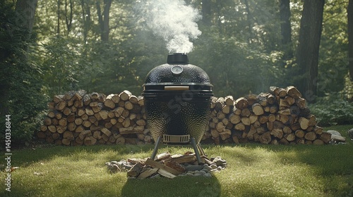 Smoky outdoor kamado grill cooking in forest
