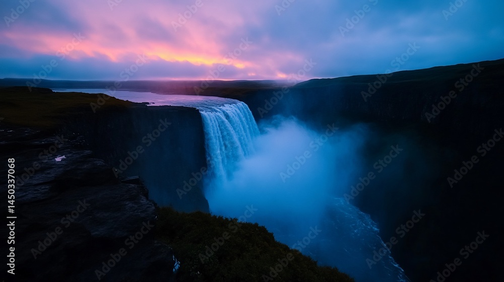 Majestic waterfall cascades in dramatic dawn landscape under a twilight sky Majestic waterfall cascades in dramatic dawn landscape under a twilight sky