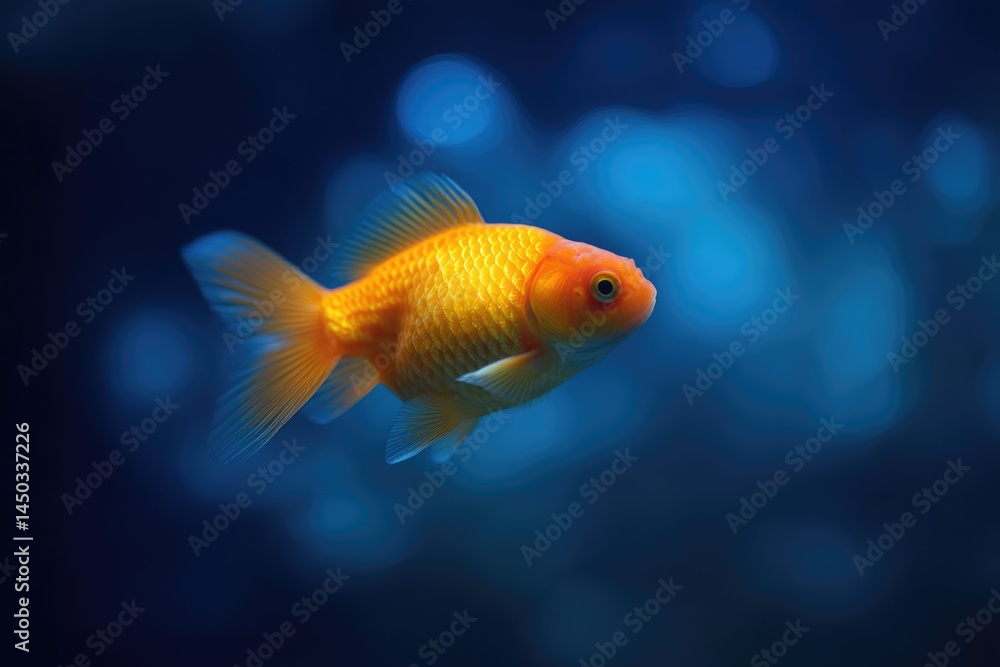 single goldfish gracefully swims in featureless deep blue environment symbolizing tranquility single goldfish gracefully swims in featureless deep blue environment symbolizing tranquility