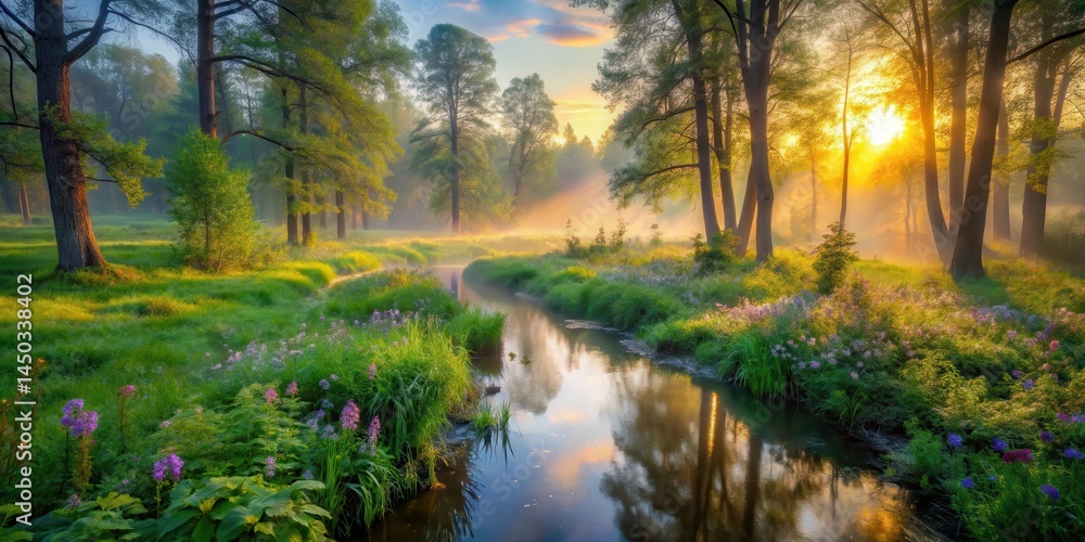 Serene forest at dawn with misty trees and a gentle stream flowing through the underbrush, surrounded by lush greenery and vibrant wildflowers , forest, relaxation Serene forest at dawn with misty trees and a gentle stream flowing through the underbrush, surrounded by lush greenery and vibrant wildflowers , forest, relaxation