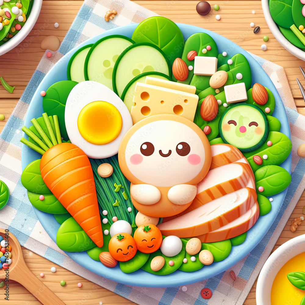 Obraz premium Cartoon Healthy Bowl with steamed Chicken and boiled egg on Wooden Table