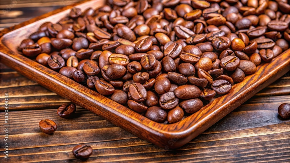 Fototapeta premium Brown coffee beans with glossy surface, scattered on a wooden table or tray, showcasing their unique texture and natural color , natural texture, roasted coffee