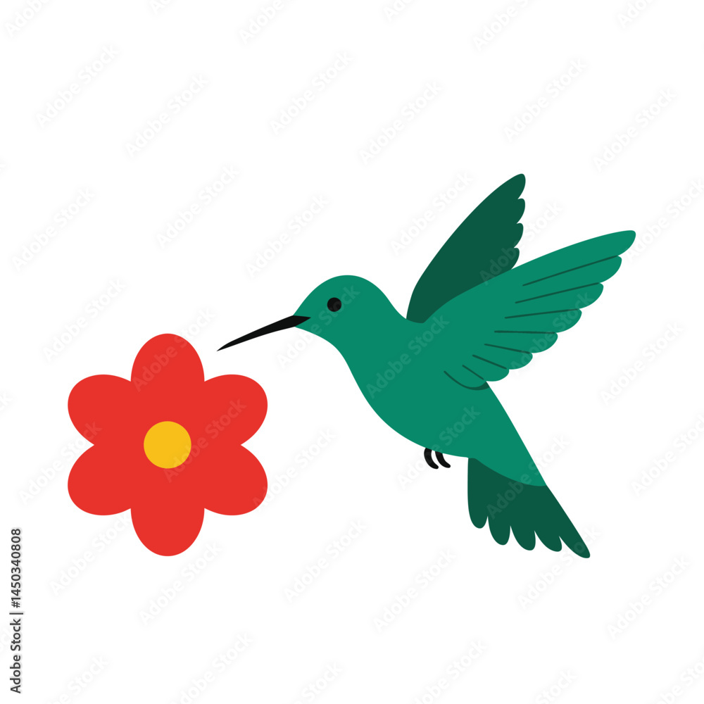2D flat vector illustration A hummingbird hovering near a flower icon isolated on a white background 2D flat vector illustration A hummingbird hovering near a flower icon isolated on a white background